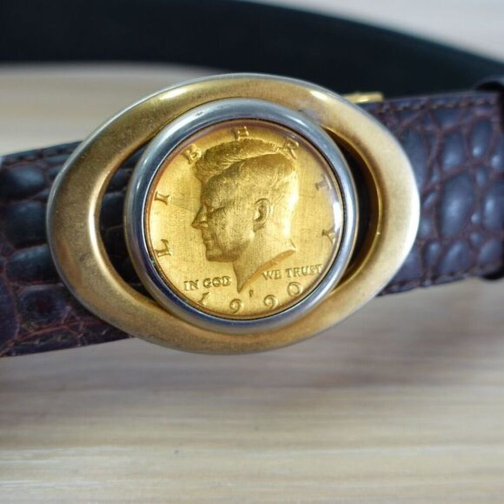 Vintage Real Crocodile Belt Gold Coin Buckle Liberty 1990 Kennedy Error RARE‎